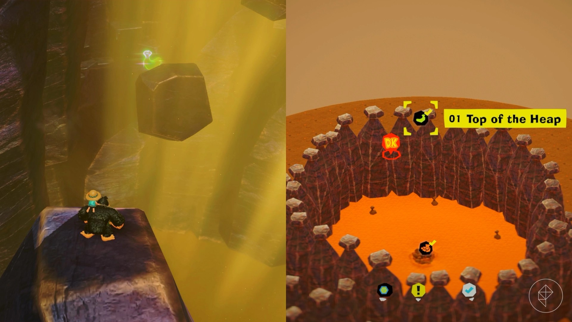 Donkey Kong standing on top of a metal banana and looking at a golden banana in the distance.