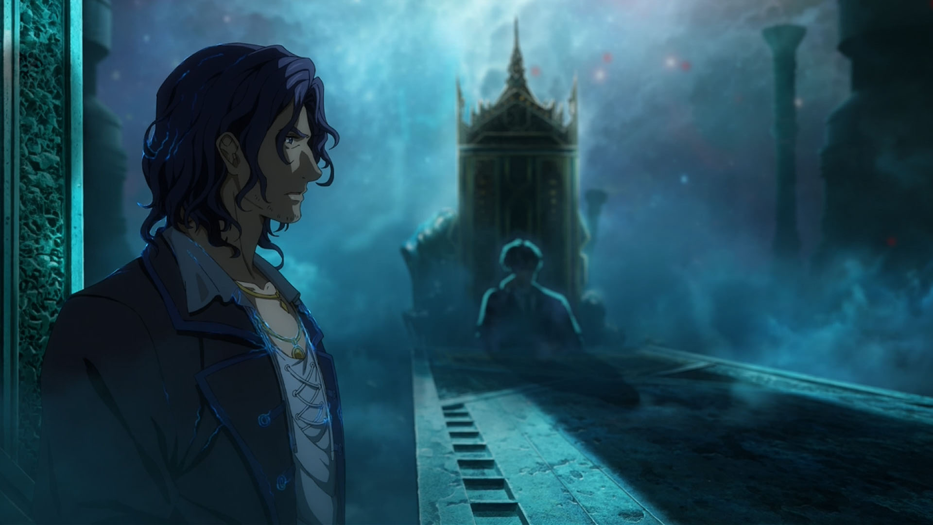 A scene from Lord of Mysteries where two characters talk, both seated at the same long table. One is a man with short blue hair, while the other is hidden in the shadows.