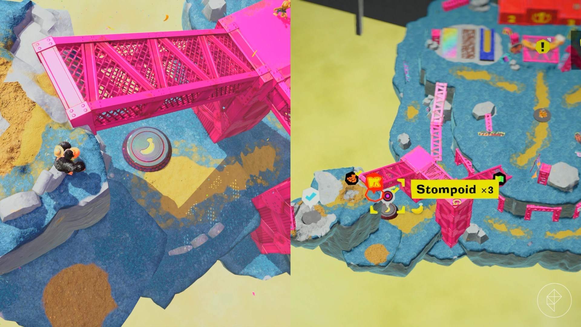 Donkey Kong looking down at a manhole cover with a banana on it beneath a pink metal frame in Donkey Kong Bananza.