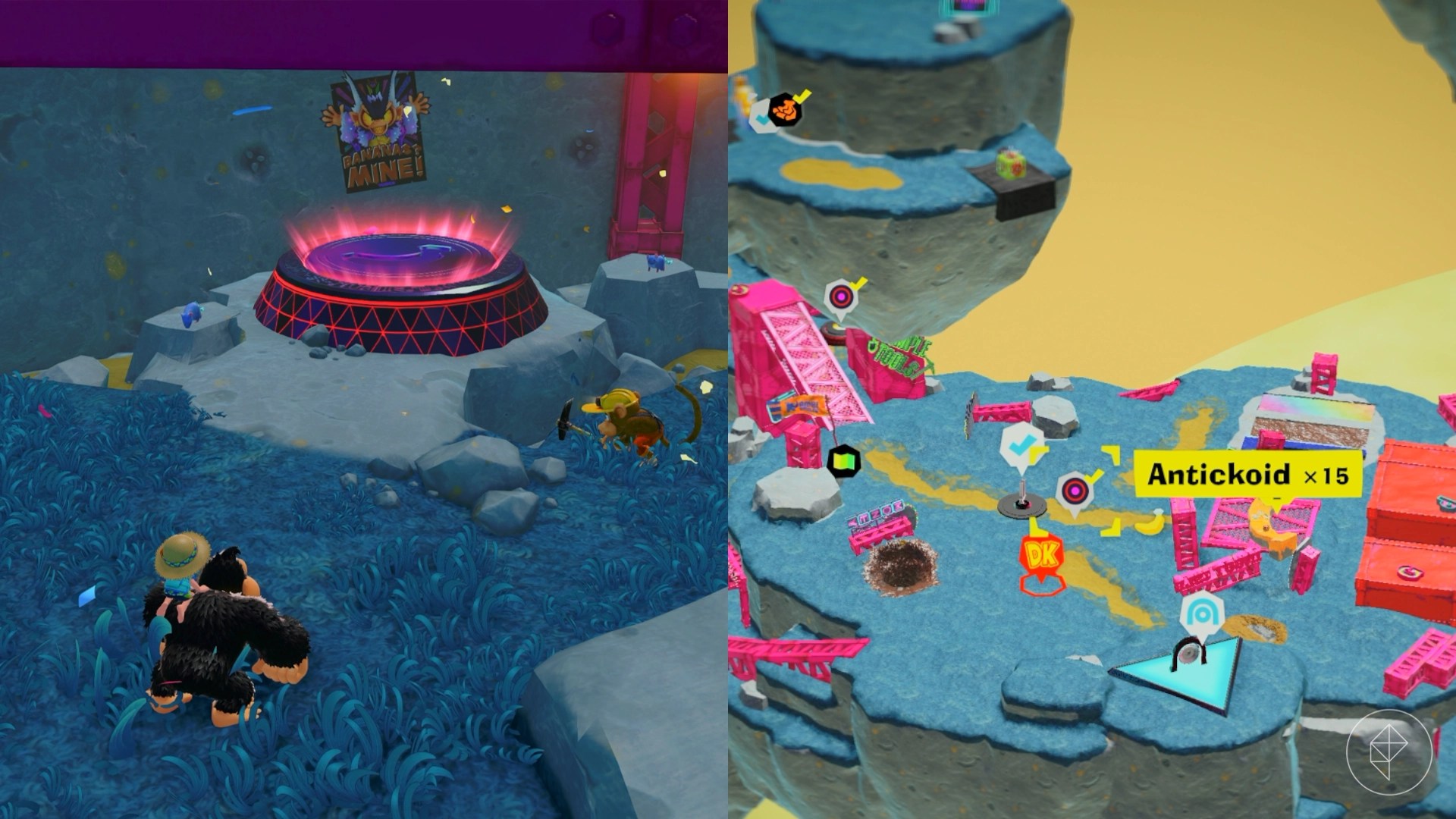 Donkey Kong looking at a glowing manhole cover in a cave.