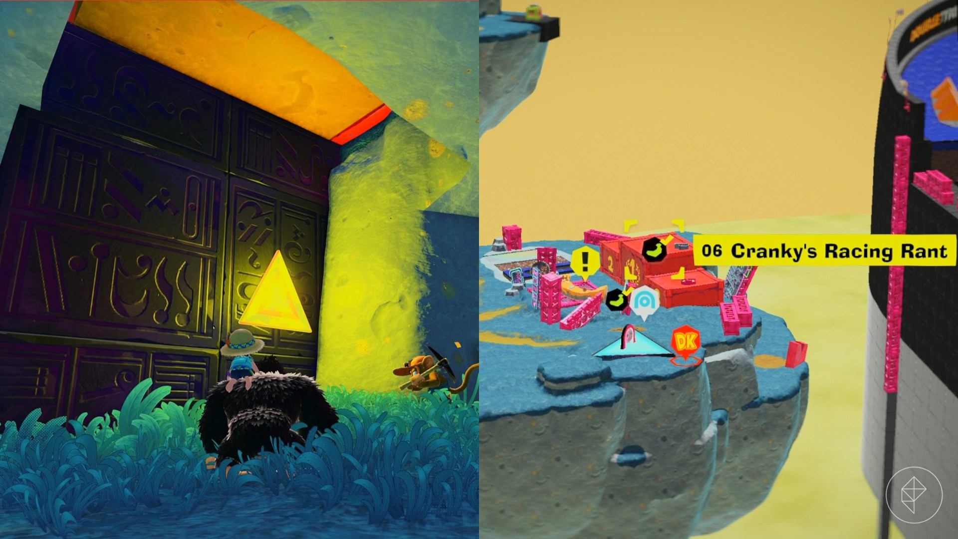 Donkey Kong standing beside a monkey and a glowing triangle on the wall.