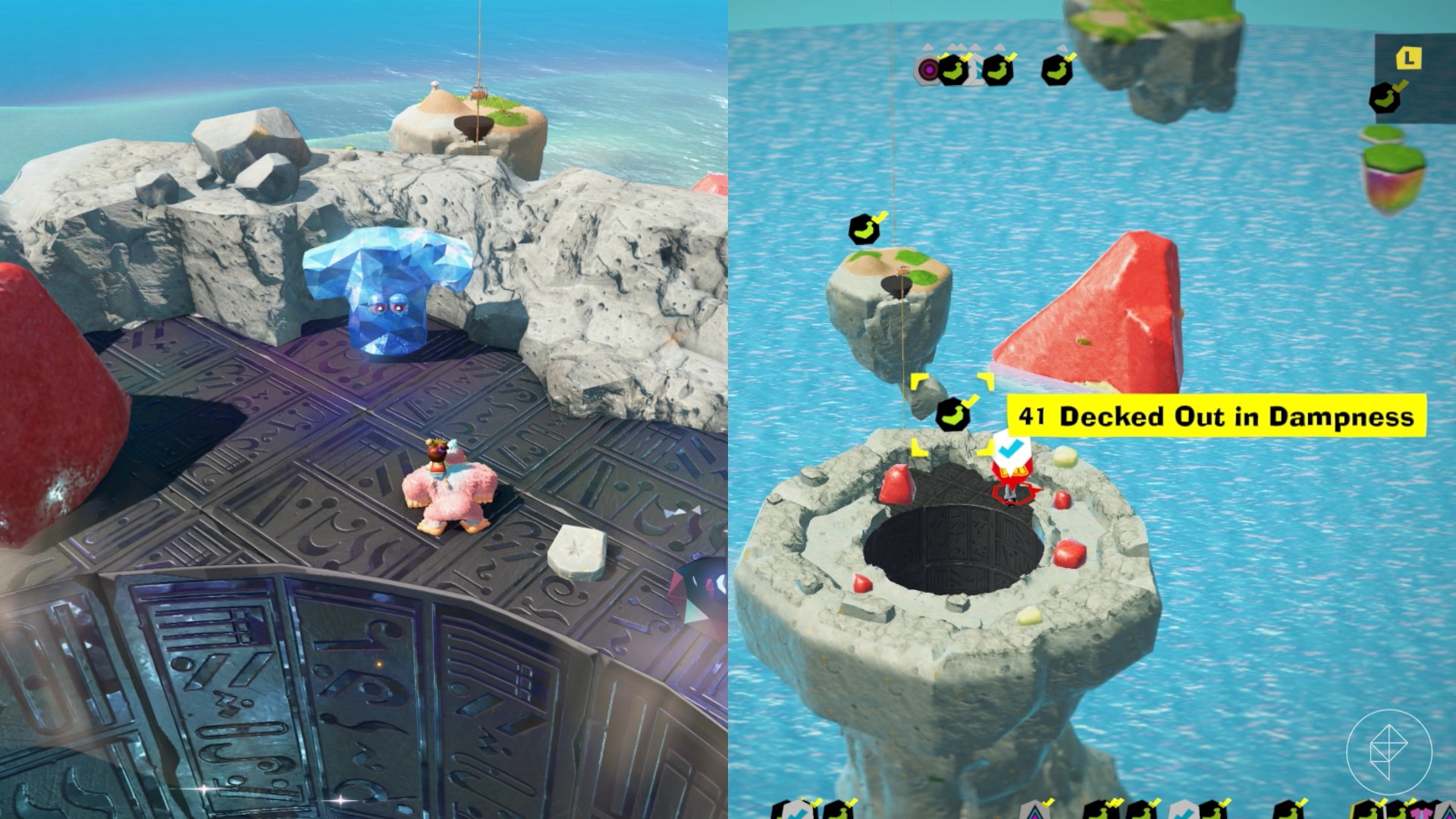 DK stands in front of a Fractone shaped like a t-shirt in front of a huge hole in the ocean in Donkey Kong Bananza.