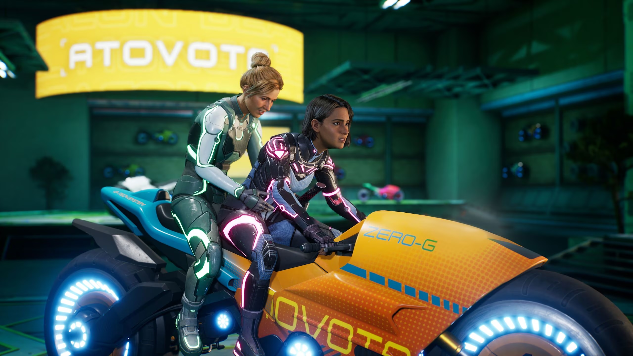 Zoe and Mio ride a motorcycle while playing Split Fiction multiplayer co-op online or locally