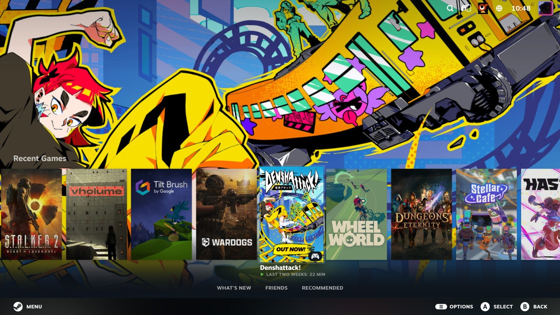 A gaming setup with a large TV displaying a game library home screen
