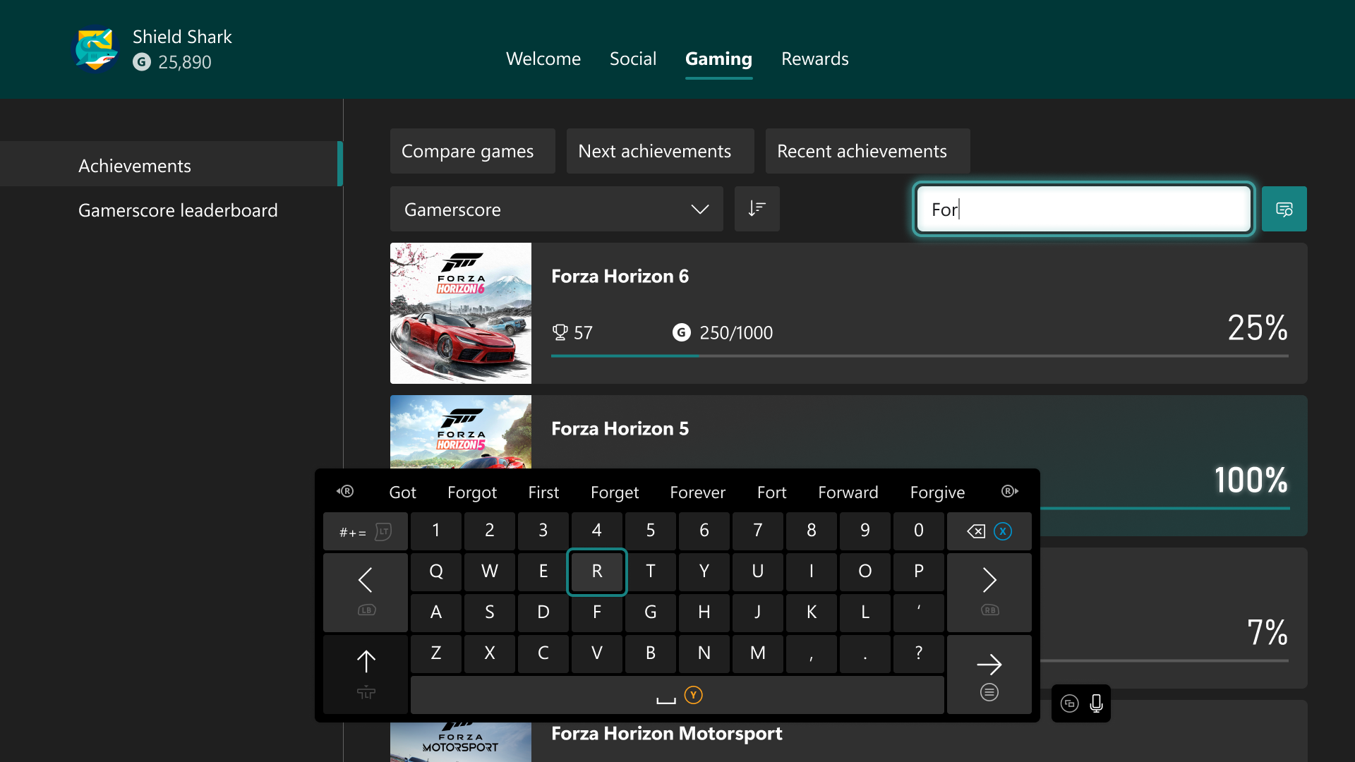 Player viewing gaming achievements on a console