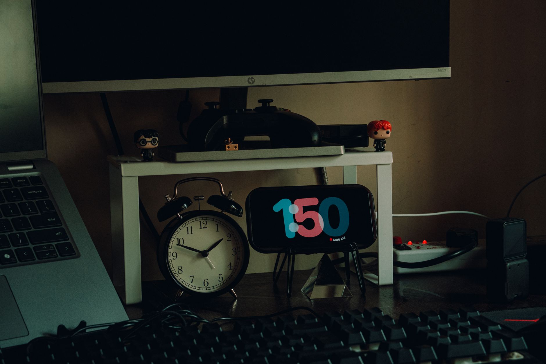 Collection of gaming figures arranged on a desk