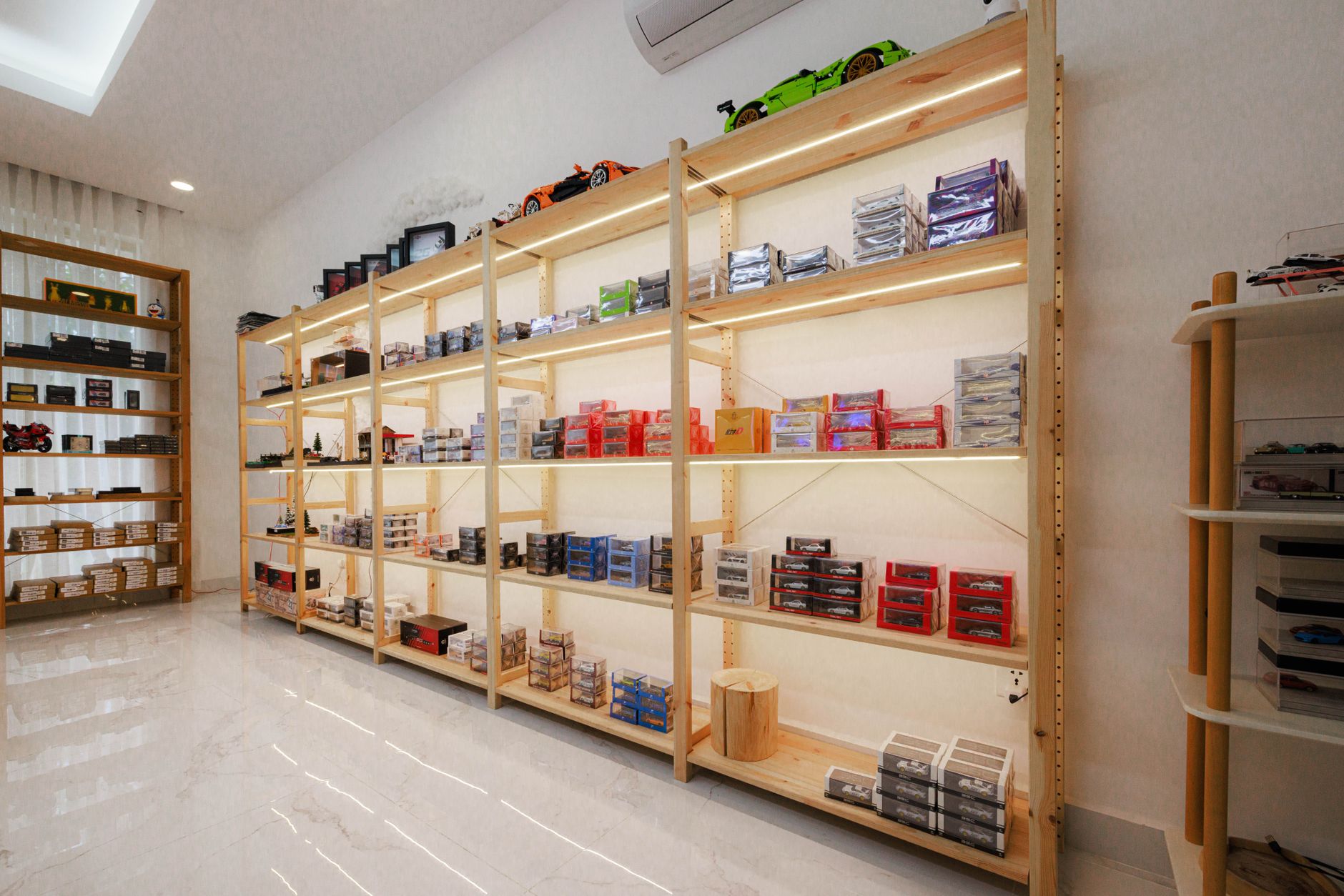 Physical game collection on a shelf